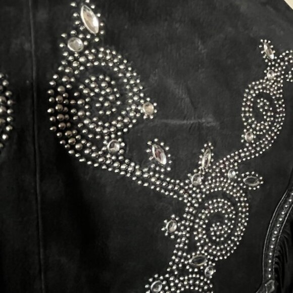 Western Black Leather Shawl with Fringe, Silver Studding and Clear Rhinestones - Picture 5 of 15